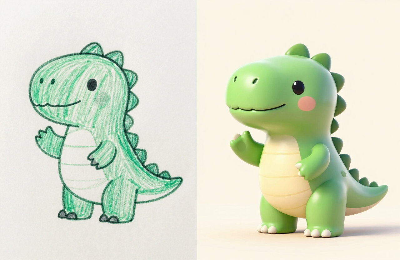 Dino drawing transformed into a 3D character