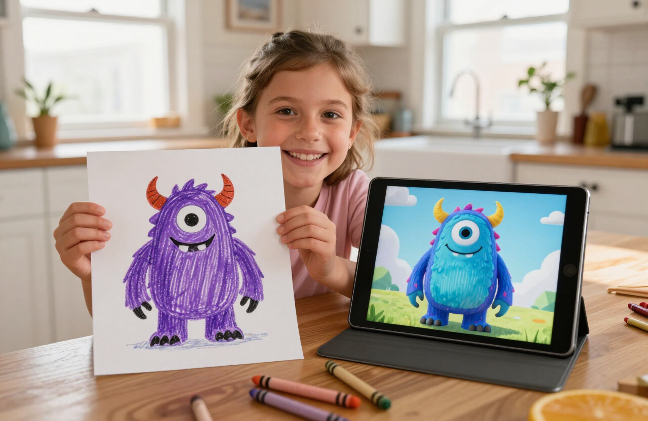 A smiling child holding her drawing beside its animated character