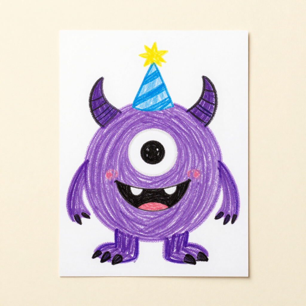 A child's original crayon doodle of a friendly purple monster