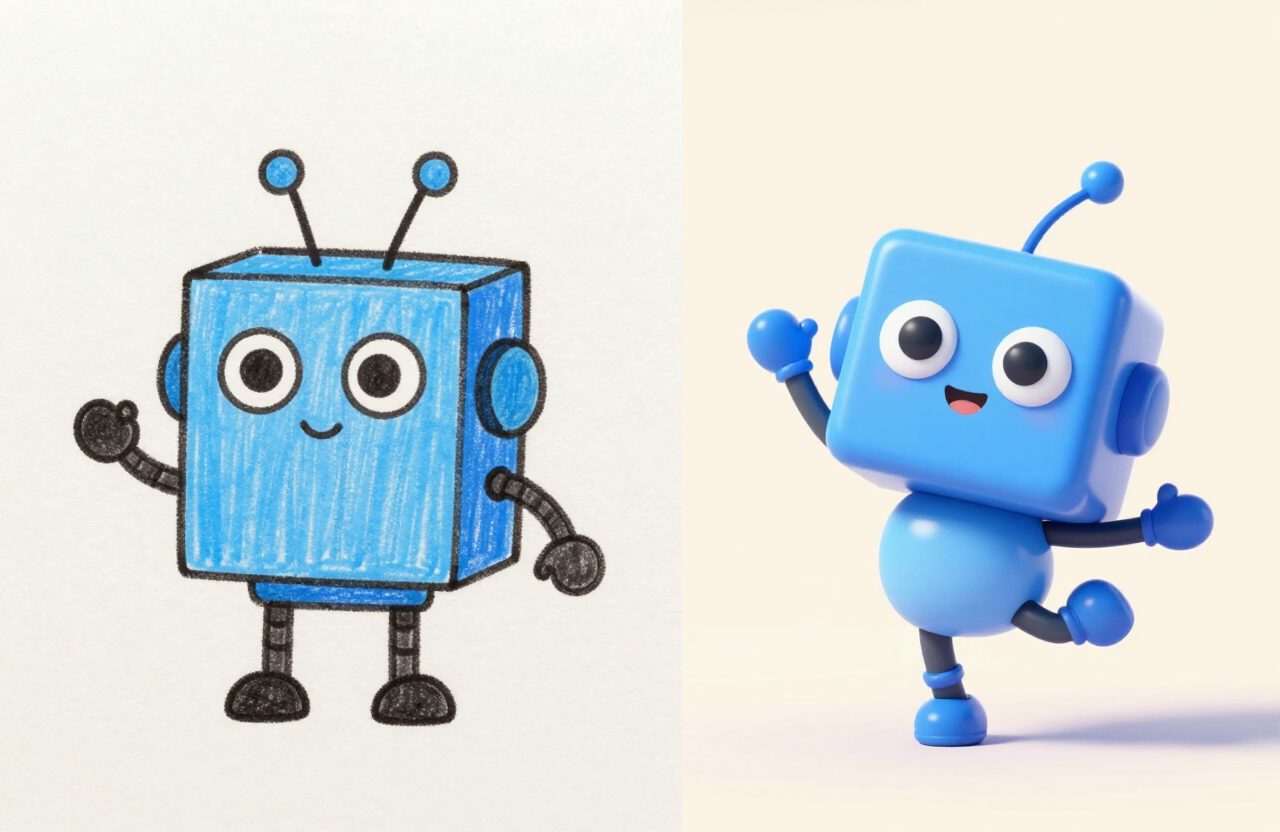 Robo-Buddy drawing transformed into a 3D character