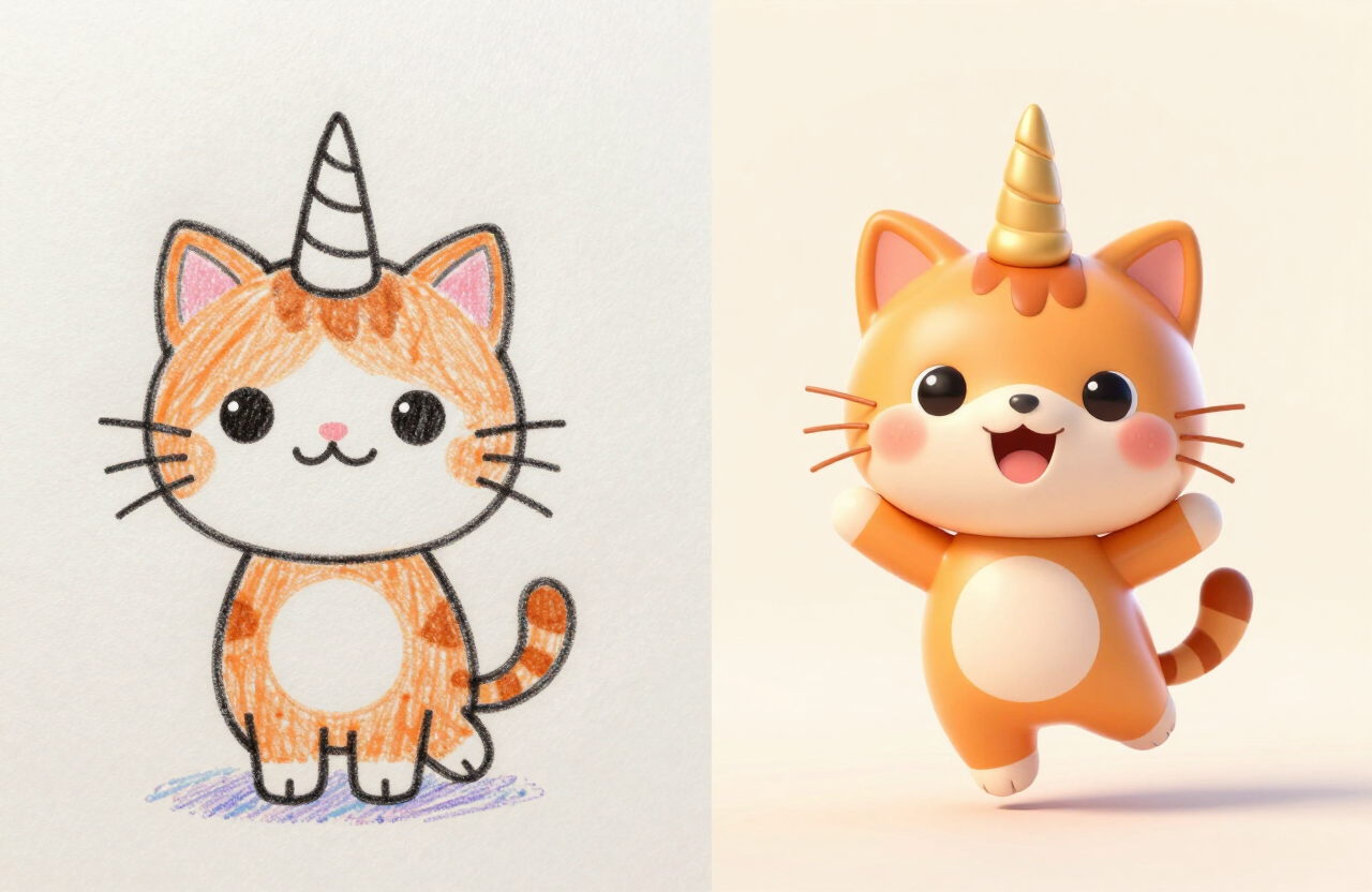 Unicat drawing transformed into a 3D character